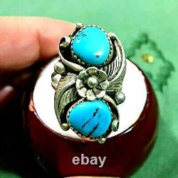 Vintage Navajo Double Turquoise Silver Size 7.1/4 Long 1.1/8 Blossom Tears Ring