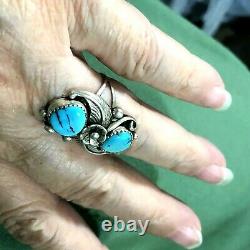 Vintage Navajo Double Turquoise Silver Size 7.1/4 Long 1.1/8 Blossom Tears Ring