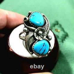 Vintage Navajo Double Turquoise Silver Size 7.1/4 Long 1.1/8 Blossom Tears Ring