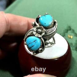 Vintage Navajo Double Turquoise Silver Size 7.1/4 Long 1.1/8 Blossom Tears Ring