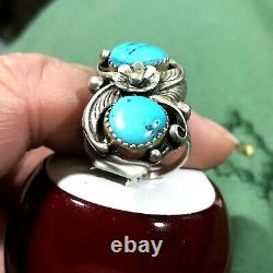 Vintage Navajo Double Turquoise Silver Size 7.1/4 Long 1.1/8 Blossom Tears Ring