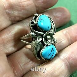 Vintage Navajo Double Turquoise Silver Size 7.1/4 Long 1.1/8 Blossom Tears Ring