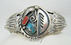 Vintage Navajo ED KEE Bisbee Turquoise Coral Sterling Silver Cuff Bracelet