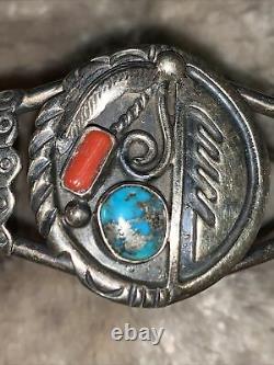 Vintage Navajo ED KEE Bisbee Turquoise Coral Sterling Silver Cuff Bracelet