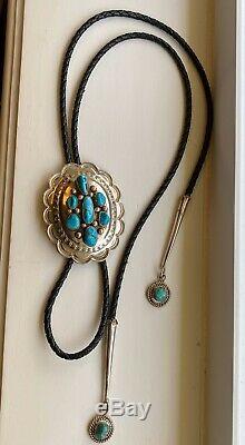 Vintage Navajo EUC Sterling Silver Turquoise Bolo Tie 60 gm