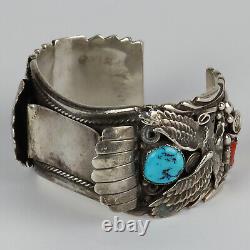 Vintage Navajo Eagle Sterling Silver/Coral/Turquoise Mens Watch Cuff Bracelet