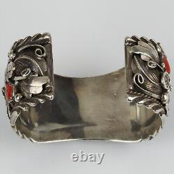Vintage Navajo Eagle Sterling Silver/Coral/Turquoise Mens Watch Cuff Bracelet