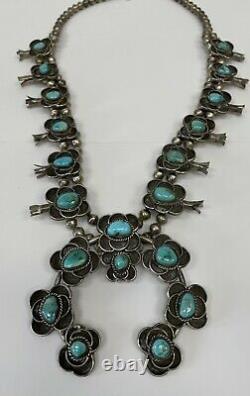 Vintage Navajo Flower Sterling Silver and Turquoise Squash Blossom Necklace