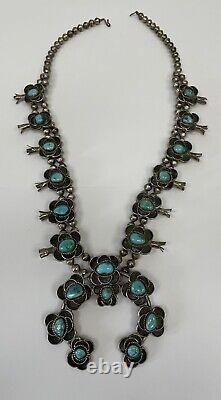 Vintage Navajo Flower Sterling Silver and Turquoise Squash Blossom Necklace