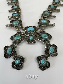 Vintage Navajo Flower Sterling Silver and Turquoise Squash Blossom Necklace