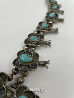 Vintage Navajo Flower Sterling Silver and Turquoise Squash Blossom Necklace