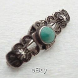 Vintage Navajo Fred Harvey Era Turquoise Stamped Thunderbird Sterling Brooch Pin