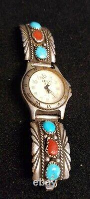 Vintage Navajo H. SPENCER Sterling Silver & Turquoise Coral Woman's Watch