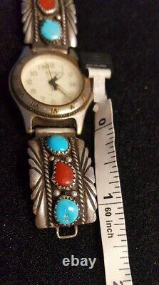 Vintage Navajo H. SPENCER Sterling Silver & Turquoise Coral Woman's Watch