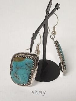 Vintage Navajo Handmade Signed G. T Natural Turquoise Sterling Silver Earrings