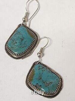 Vintage Navajo Handmade Signed G. T Natural Turquoise Sterling Silver Earrings