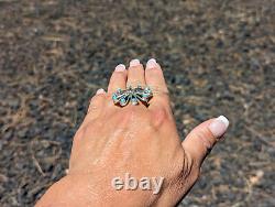 Vintage Navajo Handmade Sterling Silver Adjustable Turquoise Ring Sz 8.5US