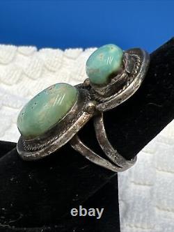 Vintage Navajo Handmade Sterling Turquoise 2 Stone Ring S-6.5 12 Grams