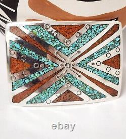 Vintage Navajo Handmade Sterling & Turquoise/coral Chip Inlay Belt Buckle