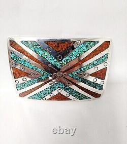 Vintage Navajo Handmade Sterling & Turquoise/coral Chip Inlay Belt Buckle