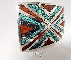 Vintage Navajo Handmade Sterling & Turquoise/coral Chip Inlay Belt Buckle