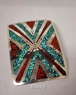 Vintage Navajo Handmade Sterling & Turquoise/coral Chip Inlay Belt Buckle