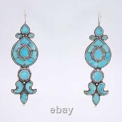 Vintage Navajo Handmade Turquoise Statement Drop Earrings in Sterling Silver