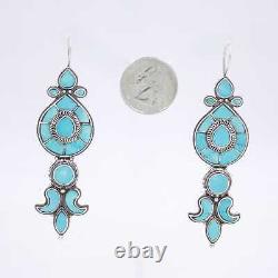 Vintage Navajo Handmade Turquoise Statement Drop Earrings in Sterling Silver