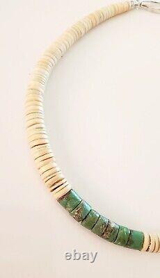 Vintage Navajo Heishi Seashell And Turquoise Necklace Sterling Silver Clasp