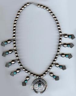 Vintage Navajo Indian Deluxe Silver & Turquoise Squash Blossom Necklace