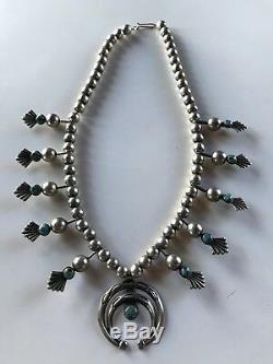 Vintage Navajo Indian Deluxe Silver & Turquoise Squash Blossom Necklace