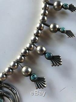 Vintage Navajo Indian Deluxe Silver & Turquoise Squash Blossom Necklace