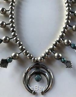 Vintage Navajo Indian Deluxe Silver & Turquoise Squash Blossom Necklace