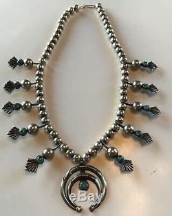 Vintage Navajo Indian Deluxe Silver & Turquoise Squash Blossom Necklace