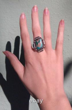 Vintage Navajo Indian Sideways Rectangle Turquoise Sterling Silver Ring Size 4