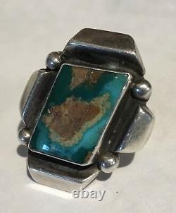 Vintage Navajo Indian Sideways Rectangle Turquoise Sterling Silver Ring Size 4