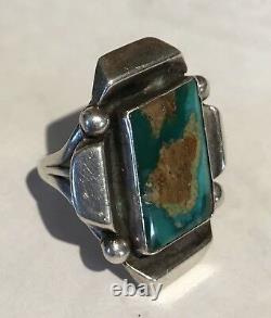Vintage Navajo Indian Sideways Rectangle Turquoise Sterling Silver Ring Size 4