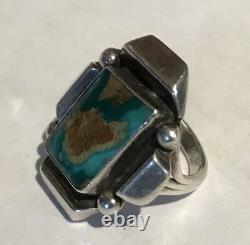 Vintage Navajo Indian Sideways Rectangle Turquoise Sterling Silver Ring Size 4