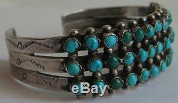 Vintage Navajo Indian Silver Green Blue Snake Eye Turquoise Three Row Bracelet