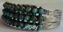 Vintage Navajo Indian Silver Green Blue Snake Eye Turquoise Three Row Bracelet