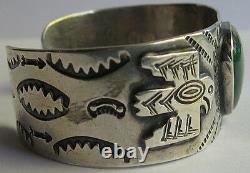 Vintage Navajo Indian Silver Green Turquoise Applied Thunderbird Cuff Bracelet