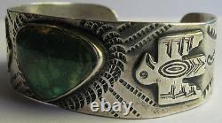 Vintage Navajo Indian Silver Green Turquoise Applied Thunderbird Cuff Bracelet