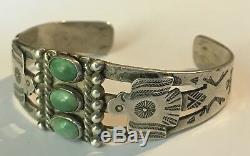 Vintage Navajo Indian Silver & Three Green Turquoise Thunderbird Cuff Bracelet