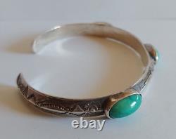 Vintage Navajo Indian Silver Three Turquoise Cabochon Cuff Bracelet
