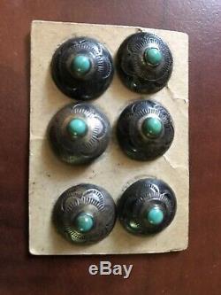 Vintage Navajo Indian Silver Turquoise Buttons Set Of Six On Original Card