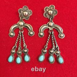 Vintage Navajo Indian Silver & Turquoise Figural Earrings, Signed Yazzie