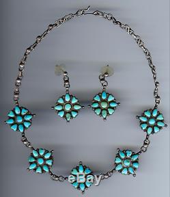 Vintage Navajo Indian Silver Turquoise Flowers & Hearts Necklace & Earrings Set
