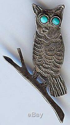 Vintage Navajo Indian Silver Turquoise Owl On Branch Pin Brooch