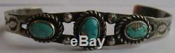 Vintage Navajo Indian Stamped Sun & Designs Silver Turquoise Cuff Bracelet