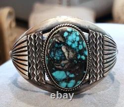 Vintage Navajo Indian Sterling Morenci Turquoise Cuff Bracelet, Artist Signed